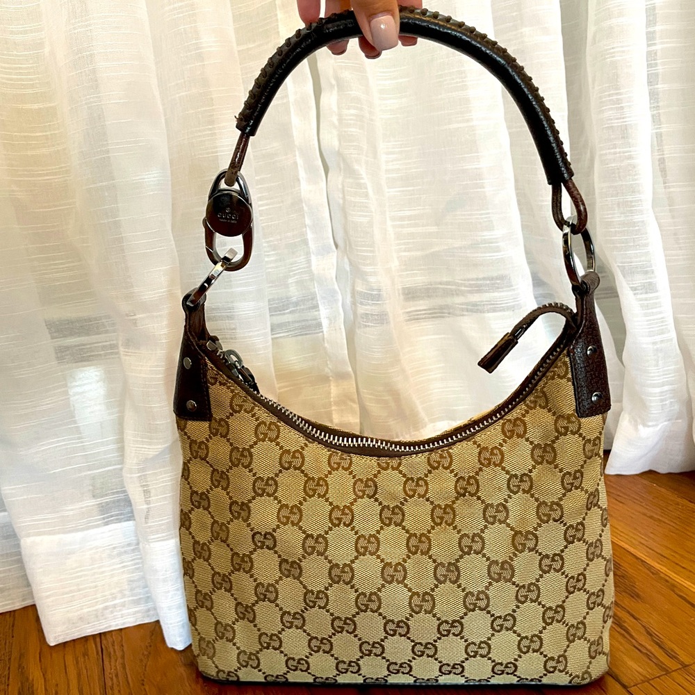 Gucci Monogram Classic Ring Hobo Brown Canvas & Leather Shoulder Bag